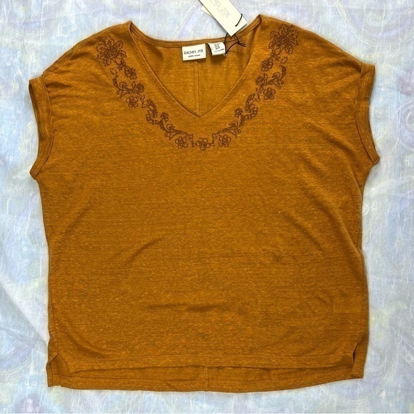 Rachel Zoe 100% Linen Chestnut Short Dolman Sleeve Top, V-Neck, NWT, Medium - Picture 1 of 10
